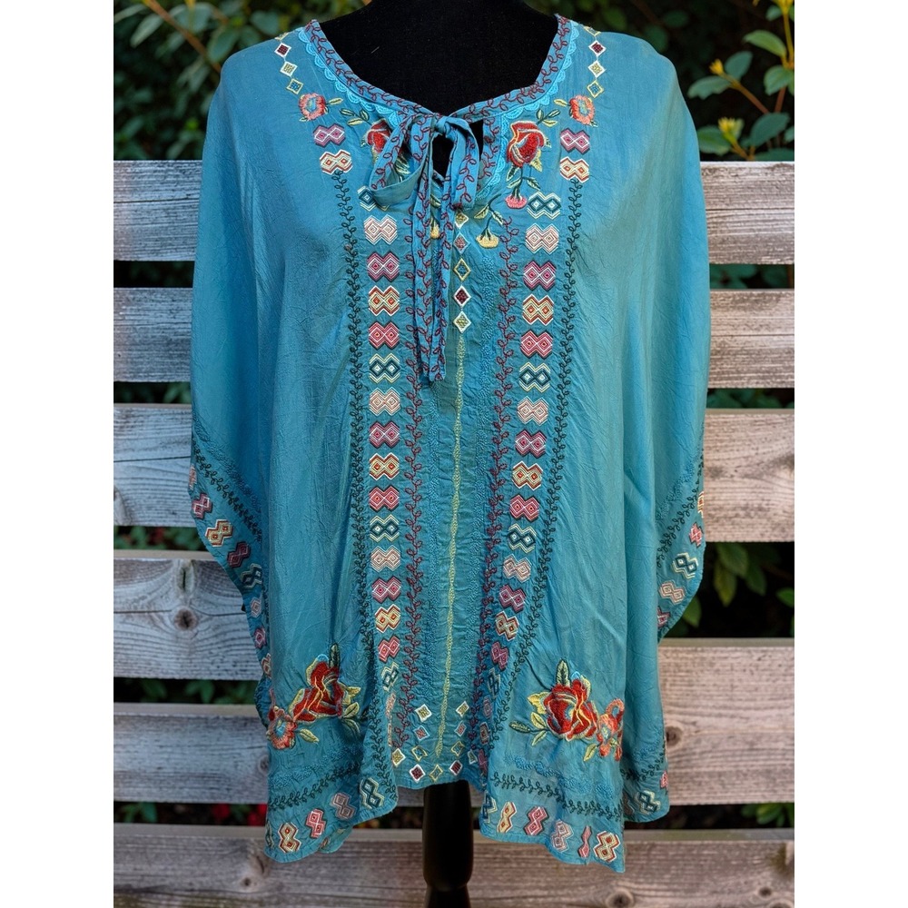 Johnny Was Embroidered Cupra Silk Poncho Top Turquoise Blue Boho Floral Medium